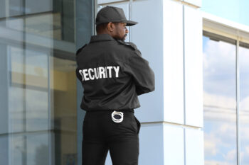 Male,Security,Guard,Standing,Near,Big,Modern,Building