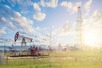 Oil,Pump,Jack.,Pumpjack,Against,Sky,Clouds